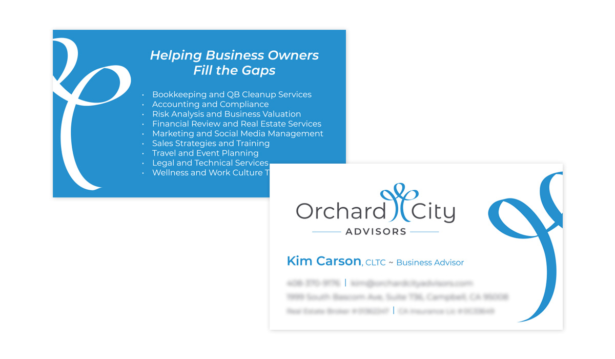 business card design for Orchard City Advisors in a brilliant and bold blue
