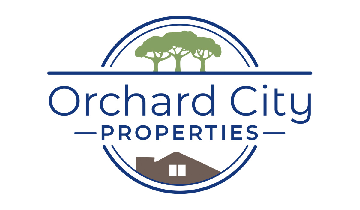 logo design for Orchard City Properties featuring a clean font and imagery of trees and a house